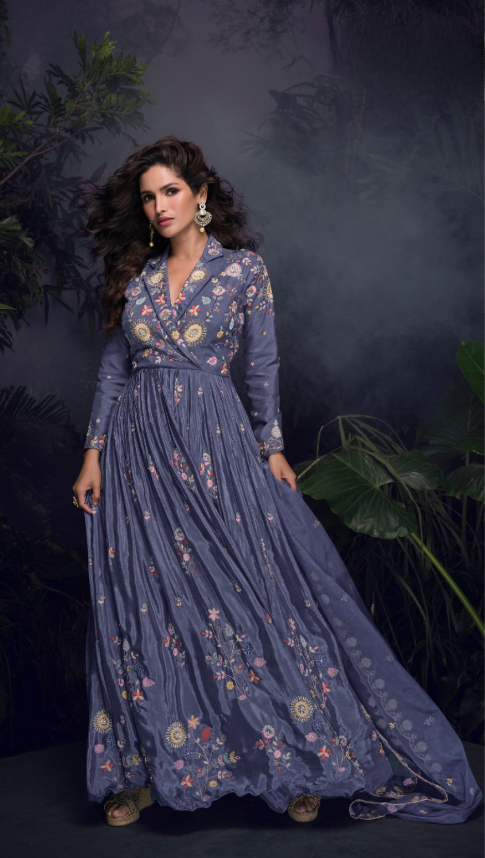 Anaita Dark Lavender Heavy Chinon With Embroidery Stitched Gown | Grocsy