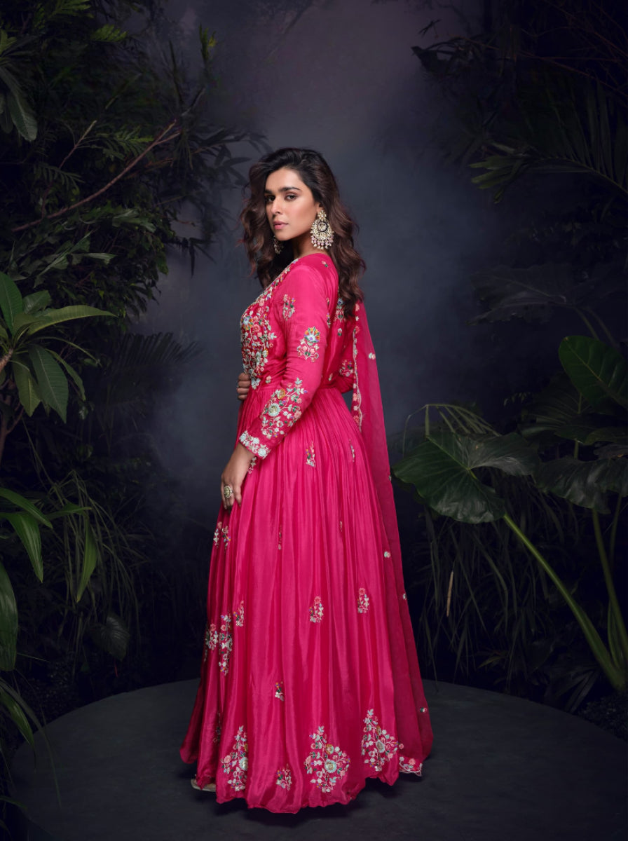 Anaita Pink Heavy Chinon With Embroidery Stitched Gown | Grocsy