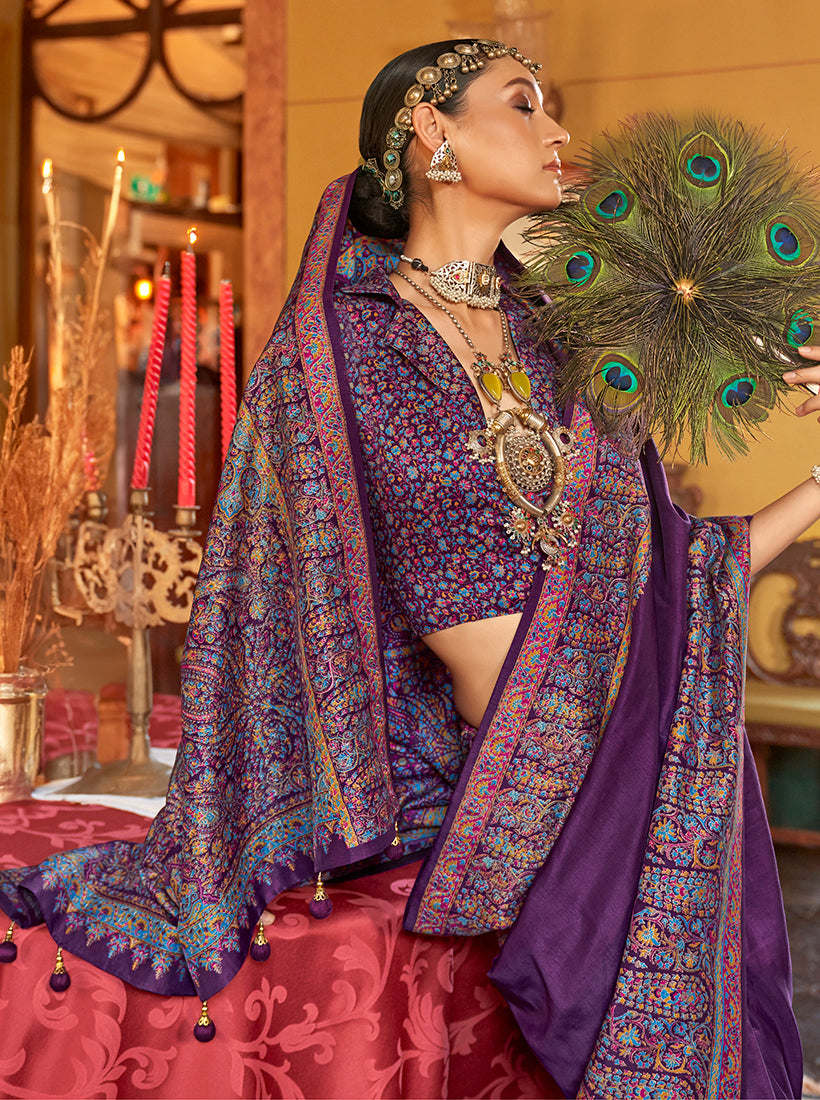 Monjolika Fashion Silk Blend Dark Purple Printed Contemporary Saree | Grocsy