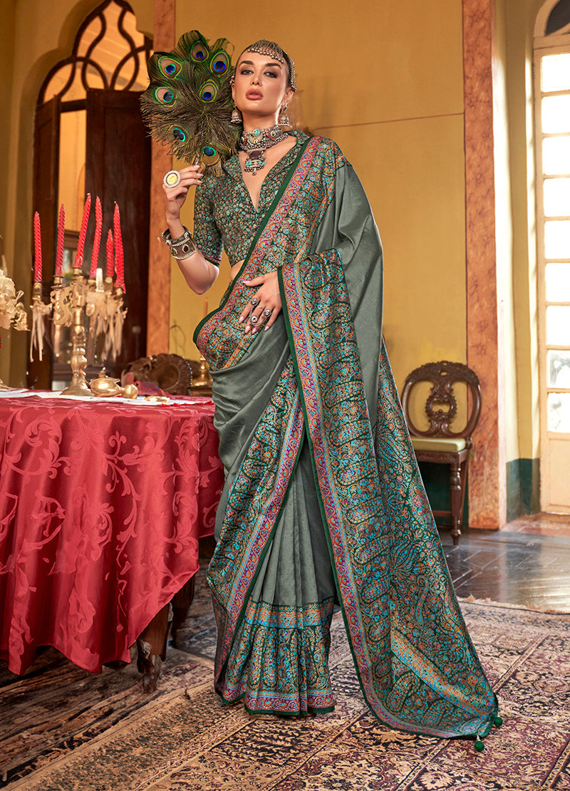 Monjolika Fashion Silk Blend Green Printed Contemporary Saree | Grocsy