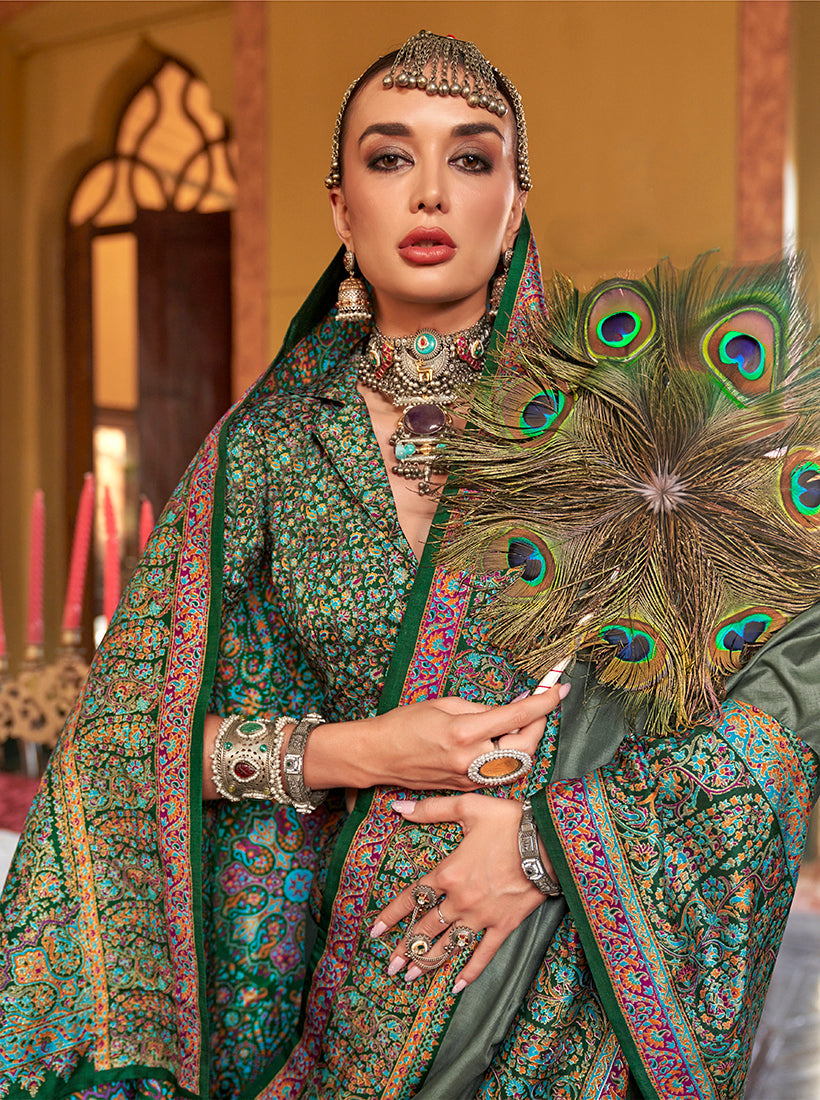 Monjolika Fashion Silk Blend Green Printed Contemporary Saree | Grocsy