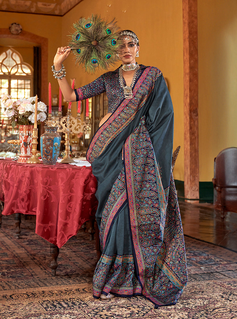 Monjolika Fashion Silk Blend Dark Grey Printed Contemporary Saree | Grocsy