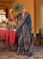Monjolika Fashion Silk Blend Dark Grey Printed Contemporary Saree | Grocsy