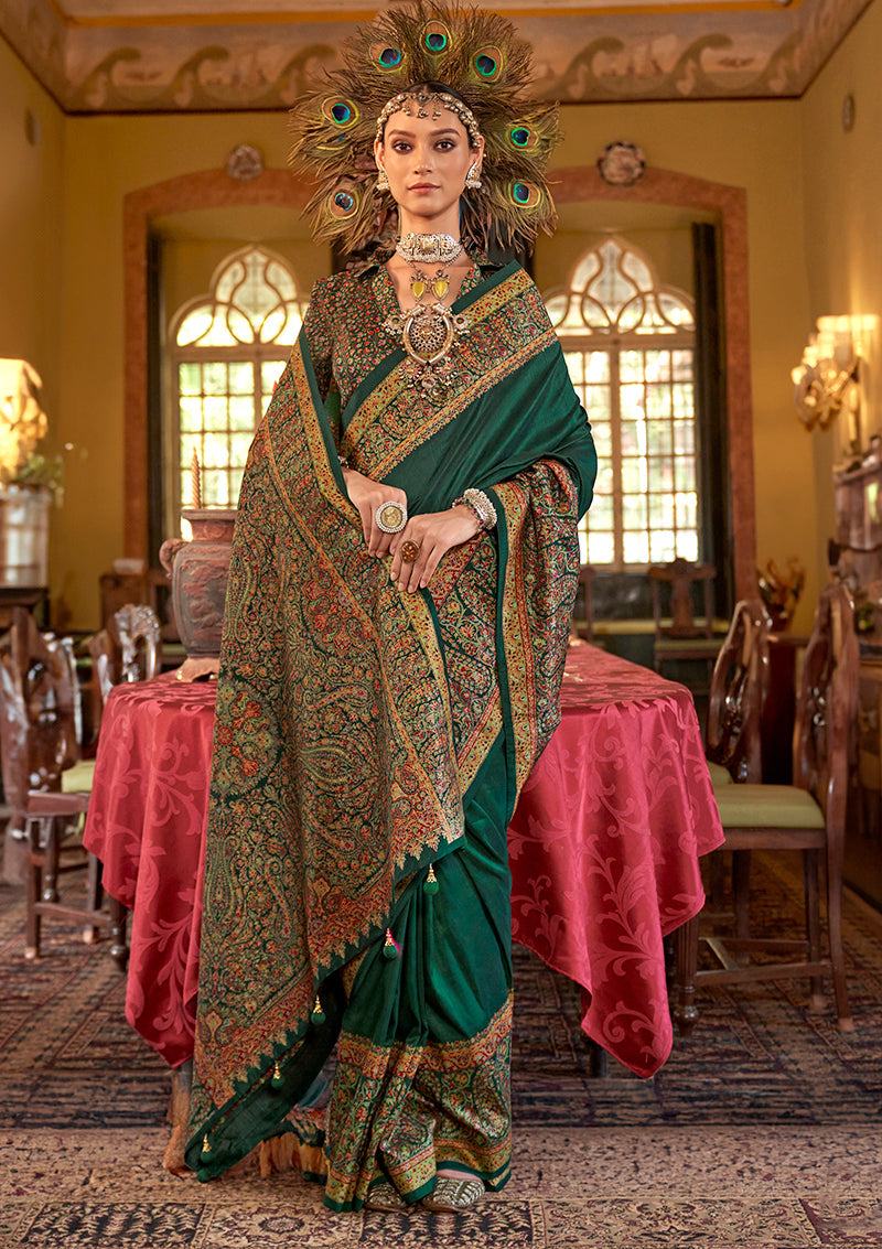Monjolika Fashion Silk Blend Dark Green Printed Contemporary Saree | Grocsy