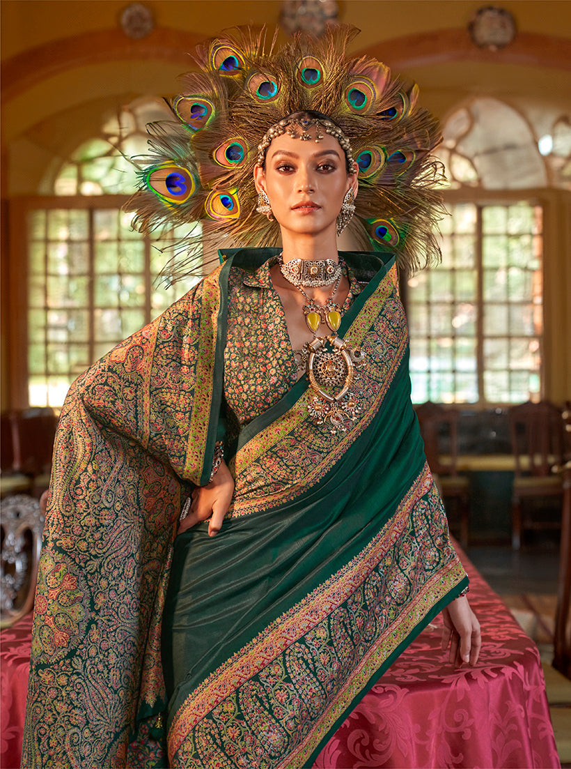 Monjolika Fashion Silk Blend Dark Green Printed Contemporary Saree | Grocsy