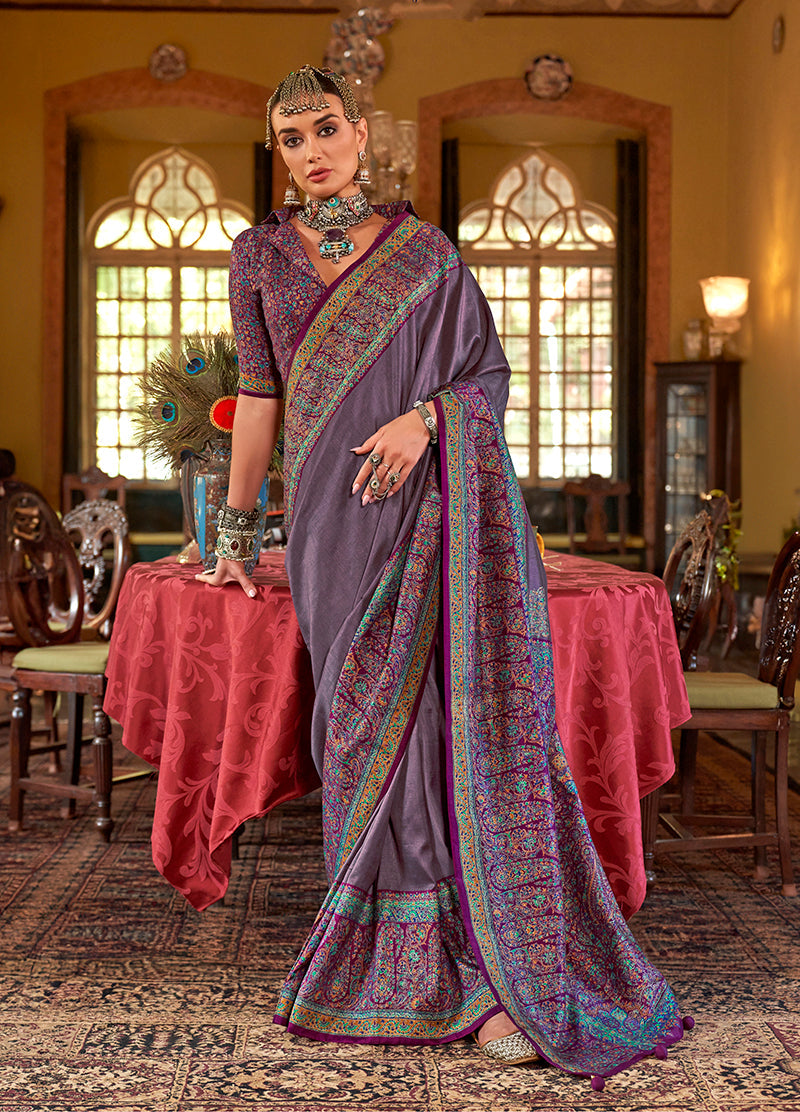 Monjolika Fashion Silk Blend Lilac Printed Contemporary Saree | Grocsy