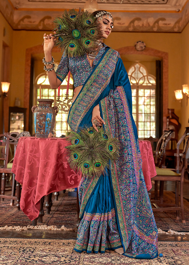 Monjolika Fashion Silk Blend Blue Printed Contemporary Saree | Grocsy