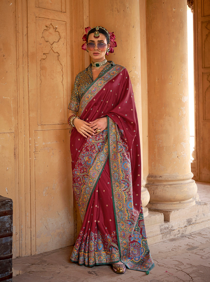 Monjolika Fashion Silk Blend Printed Burgundy Classic Saree | Grocsy