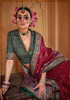 Monjolika Fashion Silk Blend Printed Burgundy Classic Saree | Grocsy
