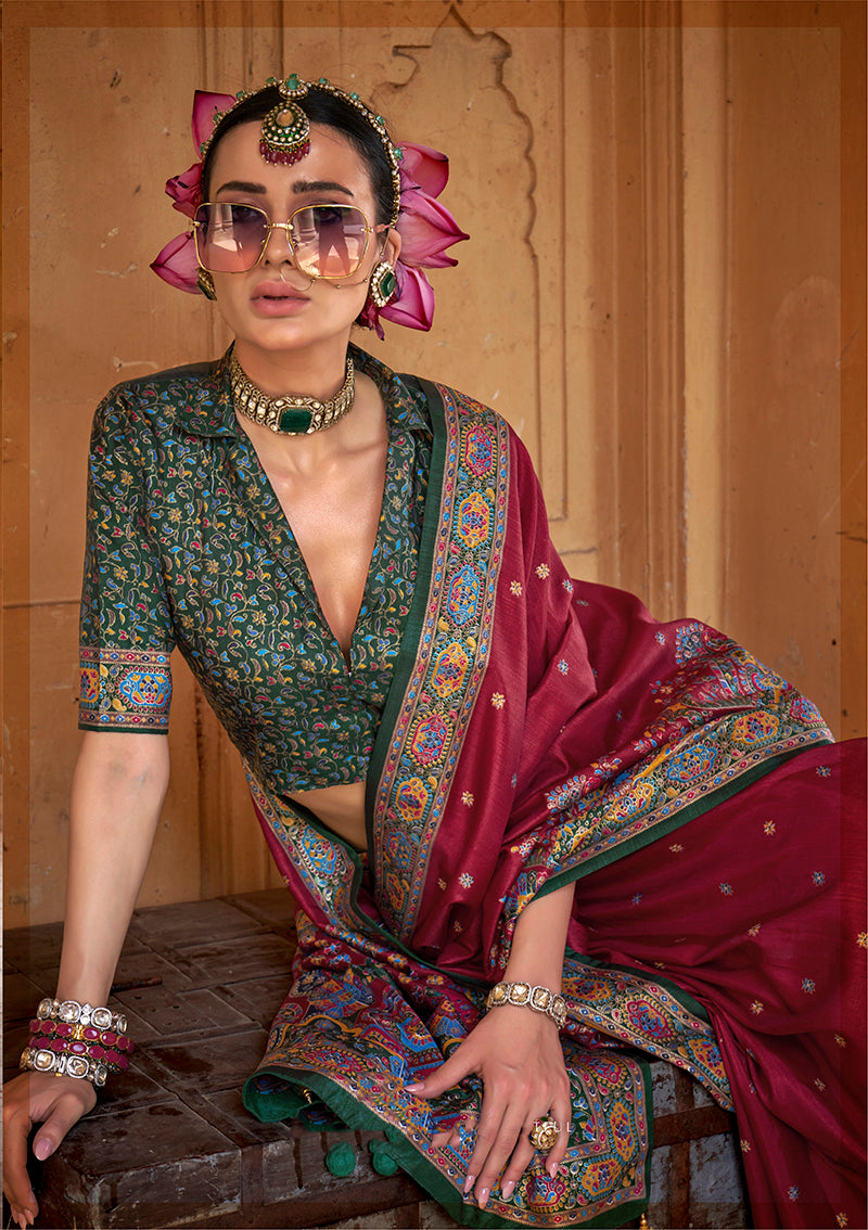 Monjolika Fashion Silk Blend Printed Burgundy Classic Saree | Grocsy