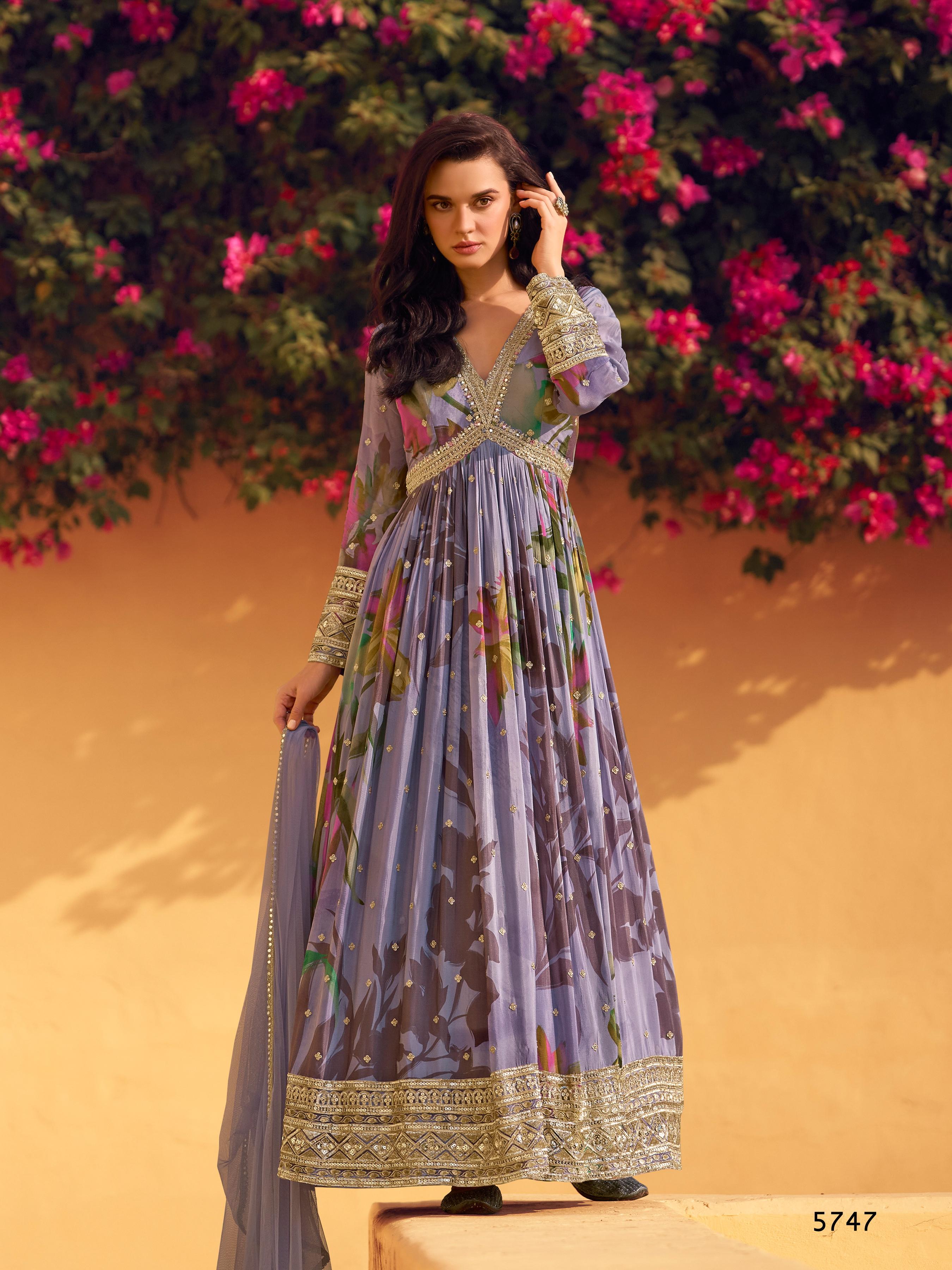 Anaita Purple Heavy Chinon With Embroidery Stitched Gown | Grocsy