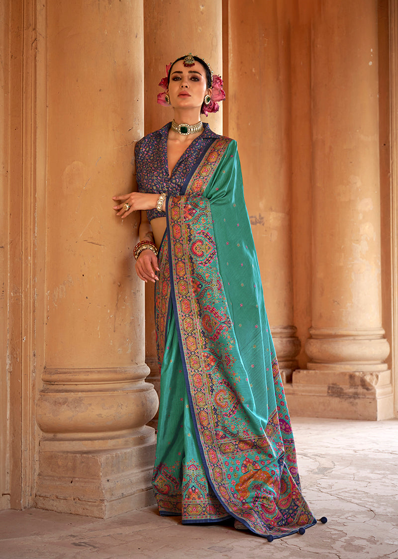 Monjolika Fashion Silk Blend Printed Turquoise Classic Saree | Grocsy