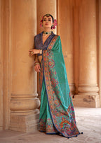 Monjolika Fashion Silk Blend Printed Turquoise Classic Saree | Grocsy