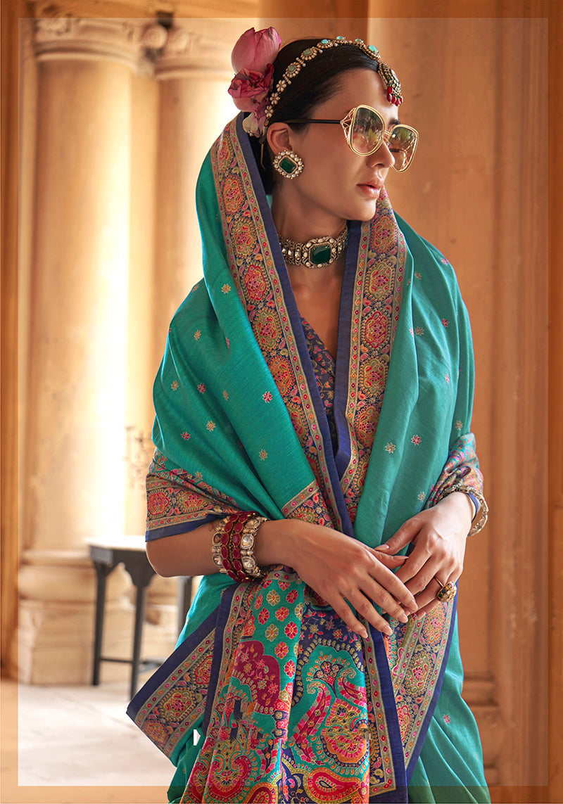 Monjolika Fashion Silk Blend Printed Turquoise Classic Saree | Grocsy