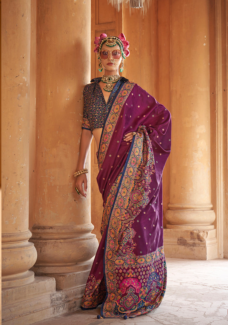 Monjolika Fashion Silk Blend Printed Dark Magenta Classic Saree | Grocsy