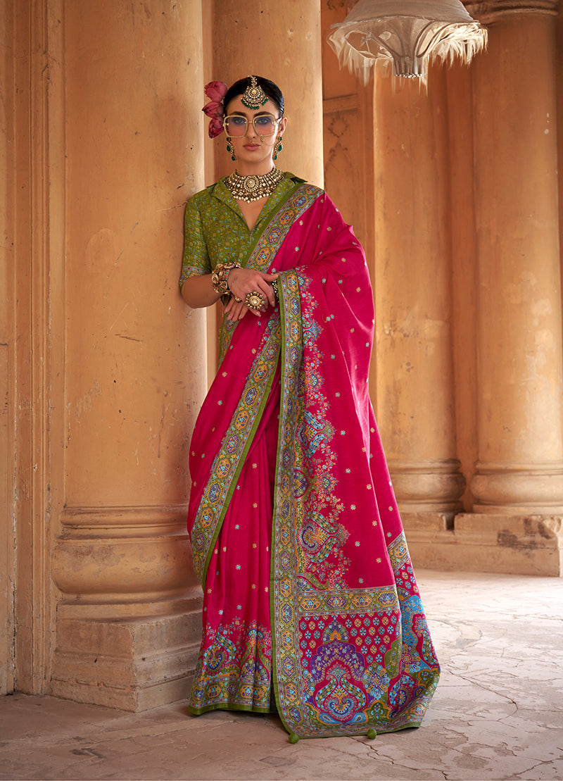 Monjolika Fashion Silk Blend Printed Rani Pink Classic Saree | Grocsy