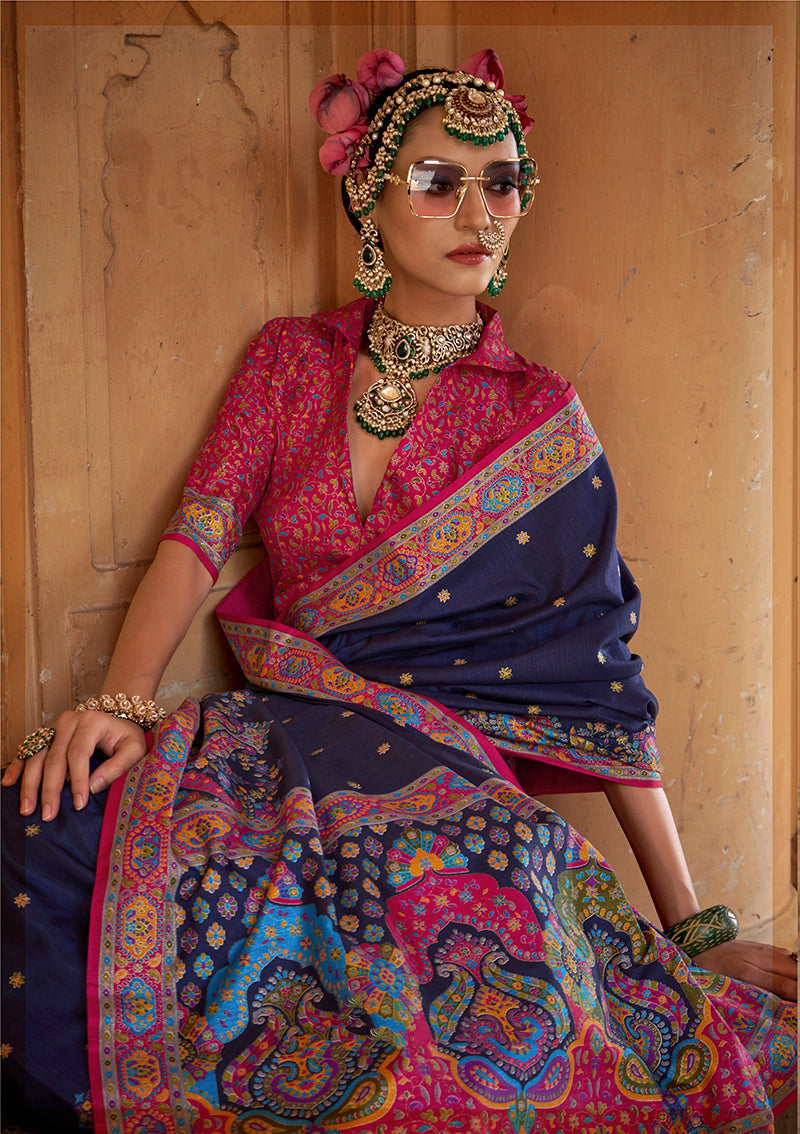 Monjolika Fashion Silk Blend Printed Navy Blue Classic Saree | Grocsy