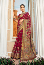 Monjolika Fashion Maroon Poly Viscose Georgette Meenakari Jaal Banarasi Saree | Grocsy