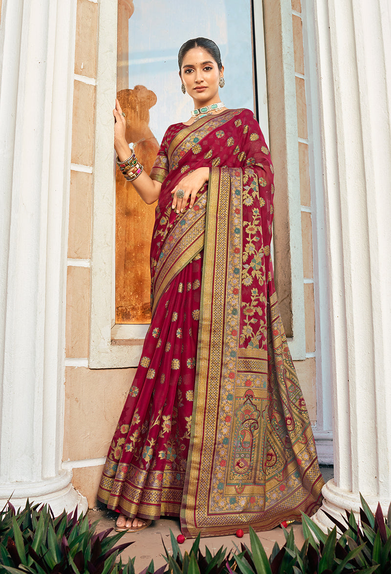 Monjolika Fashion Maroon Poly Viscose Georgette Meenakari Jaal Banarasi Saree | Grocsy