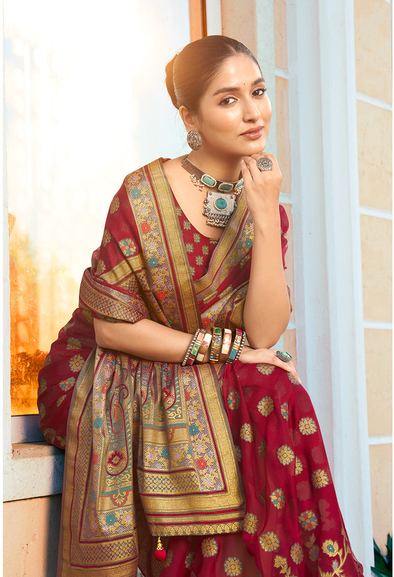 Monjolika Fashion Maroon Poly Viscose Georgette Meenakari Jaal Banarasi Saree | Grocsy