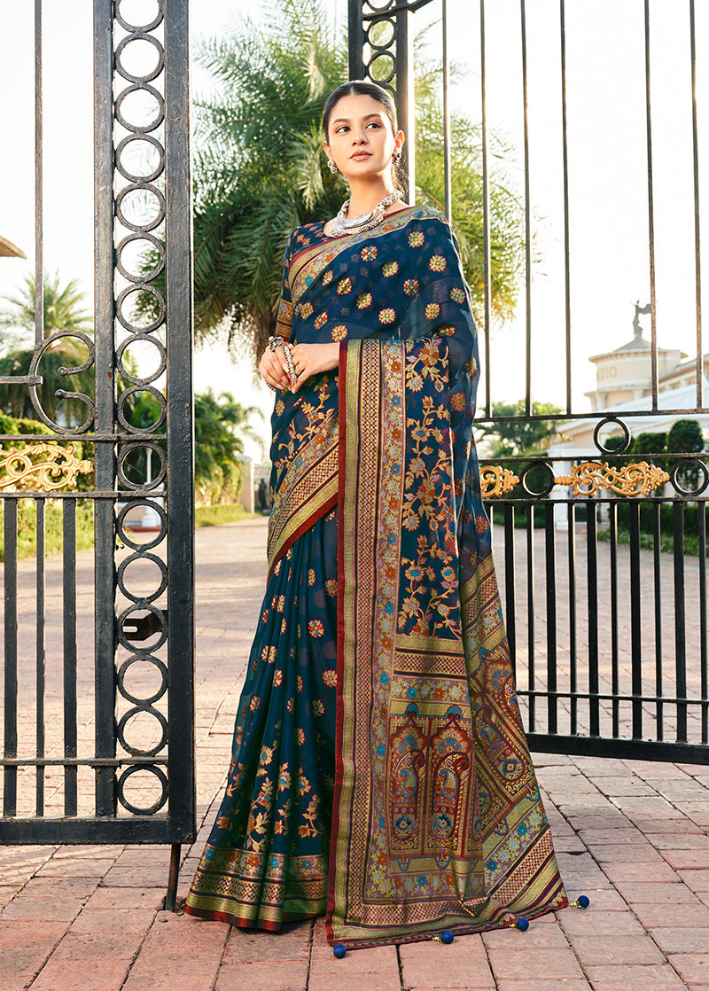 Monjolika Fashion Navy Blue Poly Viscose Georgette Meenakari Jaal Banarasi Saree | Grocsy