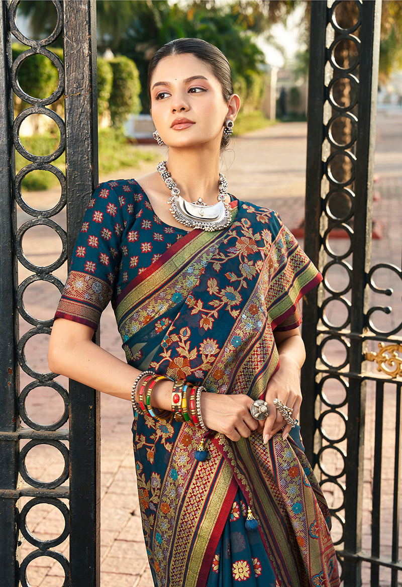 Monjolika Fashion Navy Blue Poly Viscose Georgette Meenakari Jaal Banarasi Saree | Grocsy