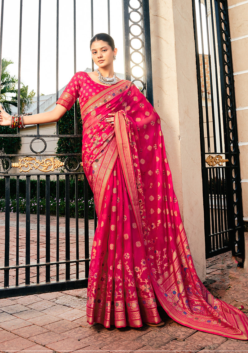 Monjolika Fashion Rani Pink Poly Viscose Georgette Meenakari Jaal Banarasi Saree | Grocsy