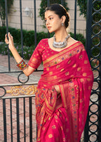 Monjolika Fashion Rani Pink Poly Viscose Georgette Meenakari Jaal Banarasi Saree | Grocsy