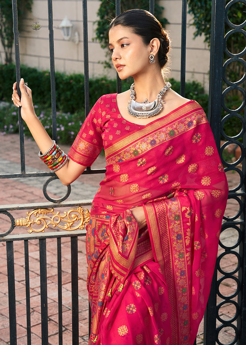 Monjolika Fashion Rani Pink Poly Viscose Georgette Meenakari Jaal Banarasi Saree | Grocsy