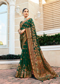Monjolika Fashion Dark Green Poly Viscose Georgette Meenakari Jaal Banarasi Saree | Grocsy