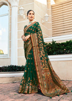 Monjolika Fashion Dark Green Poly Viscose Georgette Meenakari Jaal Banarasi Saree | Grocsy