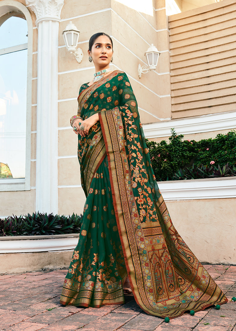 Monjolika Fashion Dark Green Poly Viscose Georgette Meenakari Jaal Banarasi Saree | Grocsy