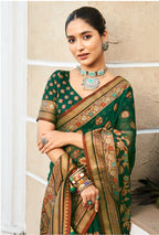 Monjolika Fashion Dark Green Poly Viscose Georgette Meenakari Jaal Banarasi Saree | Grocsy