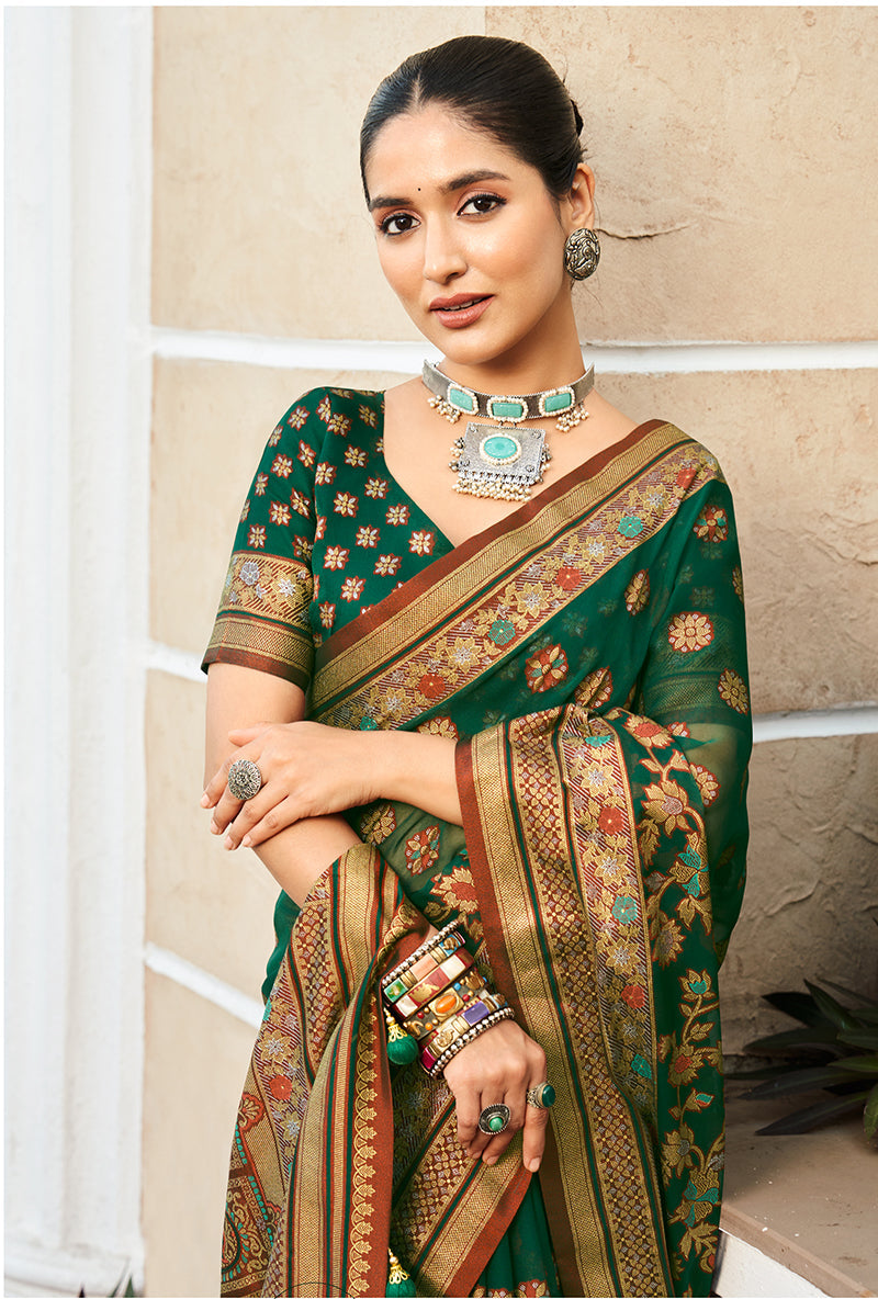 Monjolika Fashion Dark Green Poly Viscose Georgette Meenakari Jaal Banarasi Saree | Grocsy