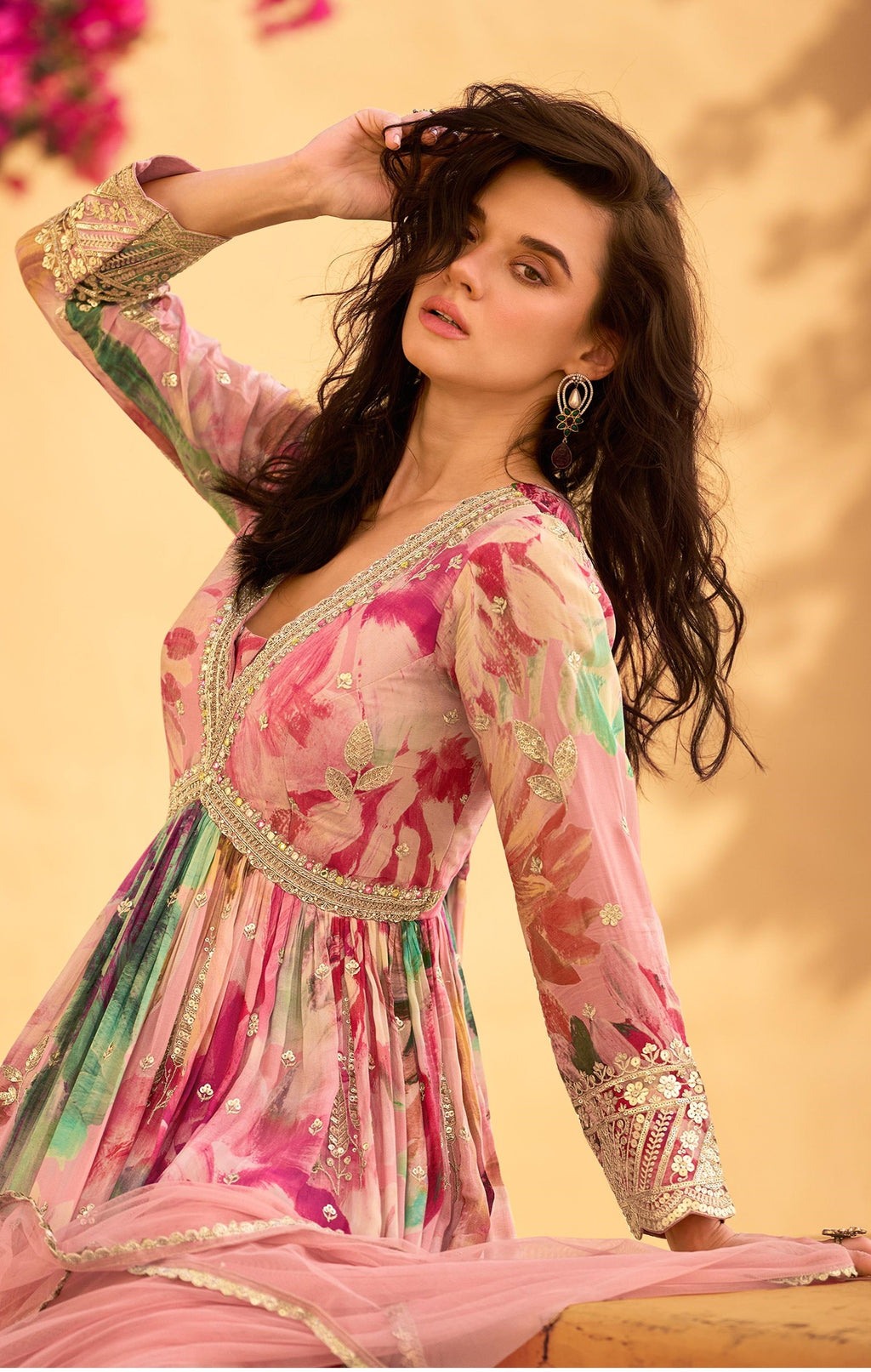 Anaita Pink Heavy Chinon With Embroidery Stitched Gown | Grocsy