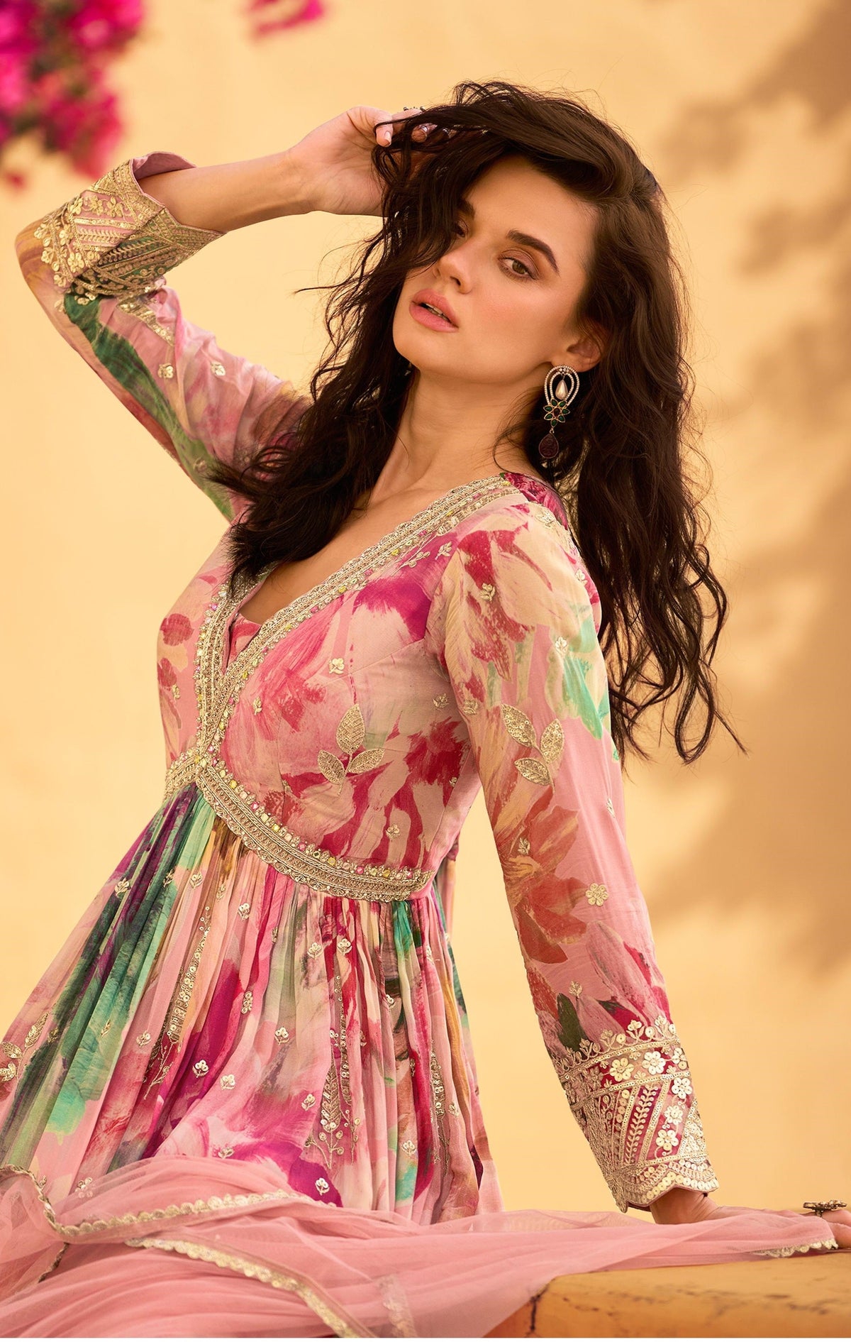 Anaita Pink Heavy Chinon With Embroidery Stitched Gown | Grocsy