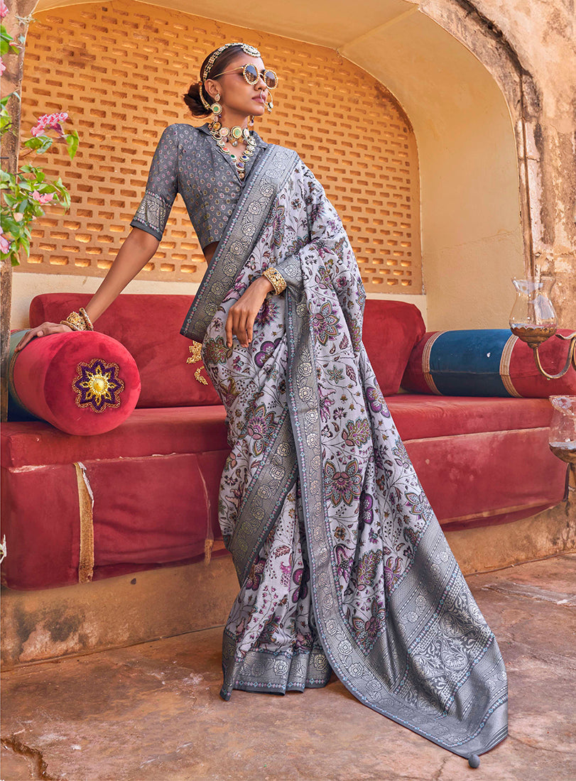 Monjolika Fashion Light Lavender And Grey Floral Print Silk Blend Saree | Grocsy