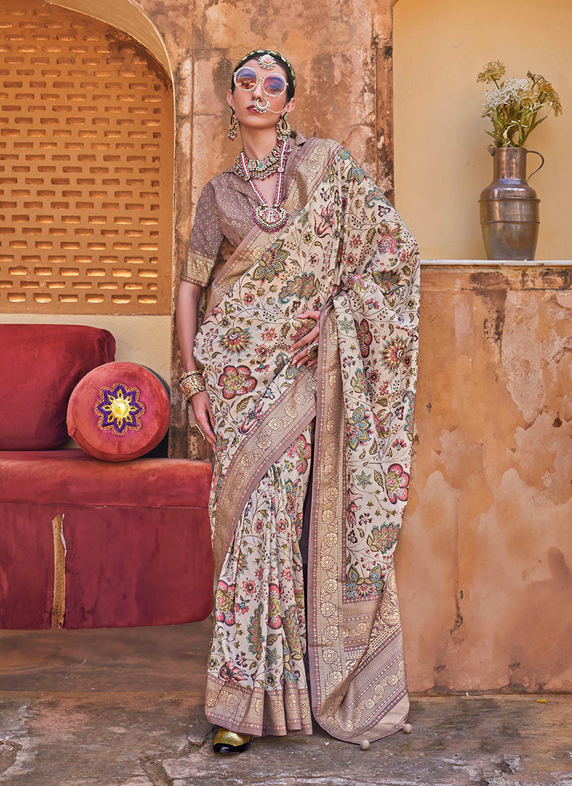 Monjolika Fashion Cream Floral Print Silk Blend Saree | Grocsy