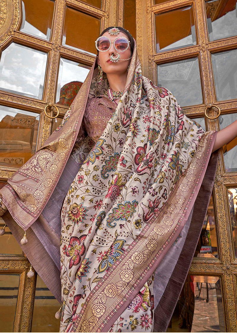 Monjolika Fashion Cream Floral Print Silk Blend Saree | Grocsy