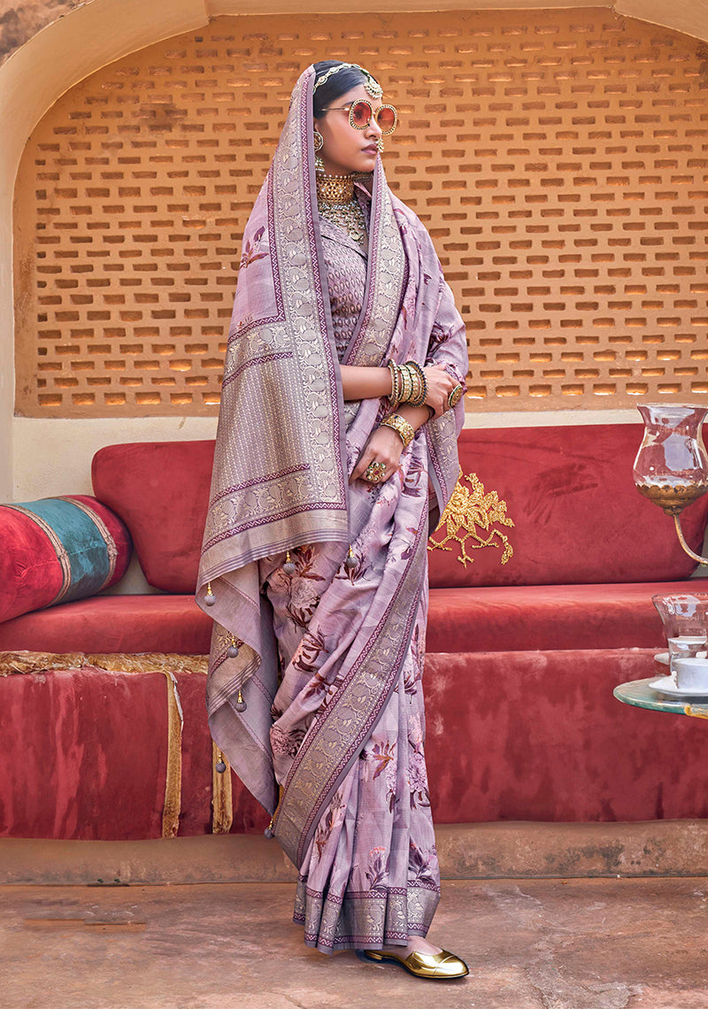 Monjolika Fashion Light Purple Floral Print Silk Blend Saree | Grocsy