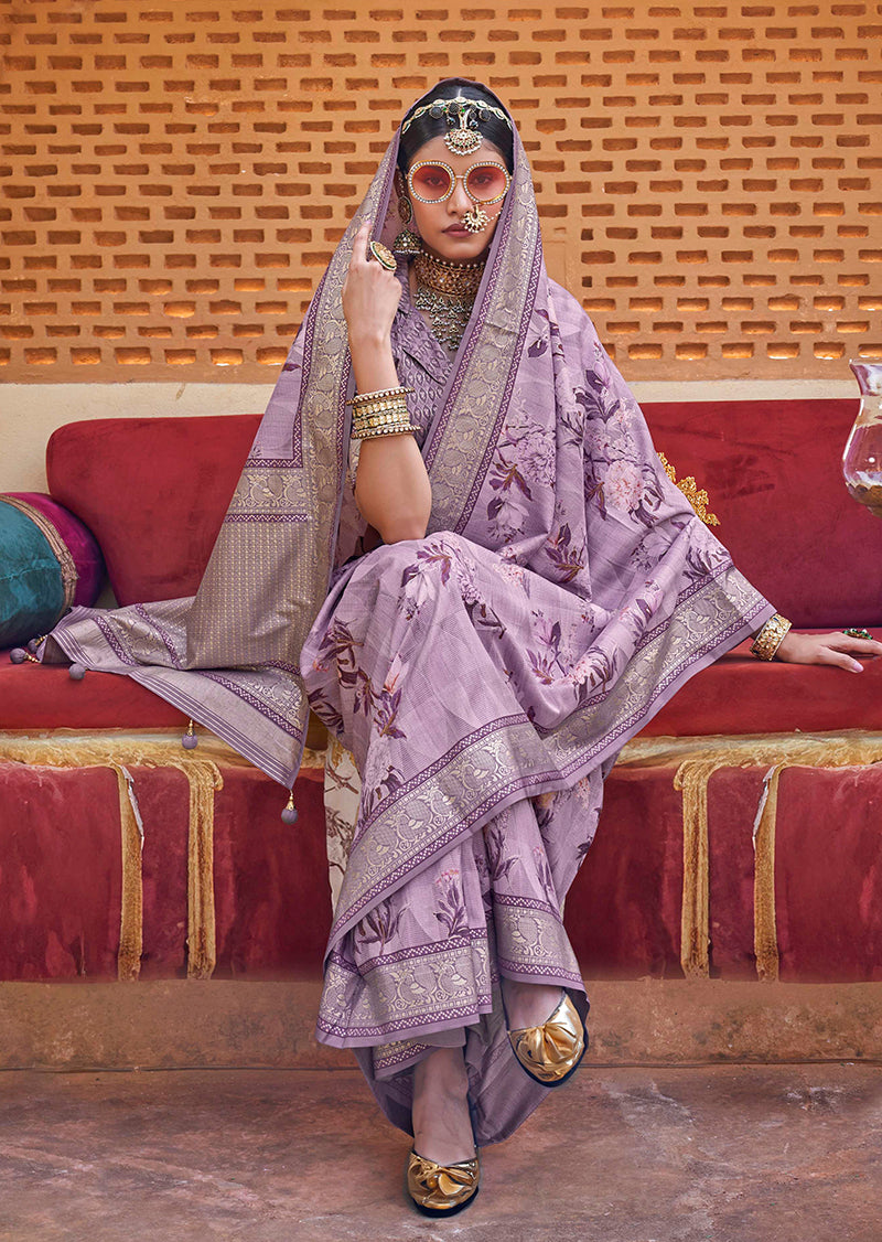 Monjolika Fashion Light Purple Floral Print Silk Blend Saree | Grocsy
