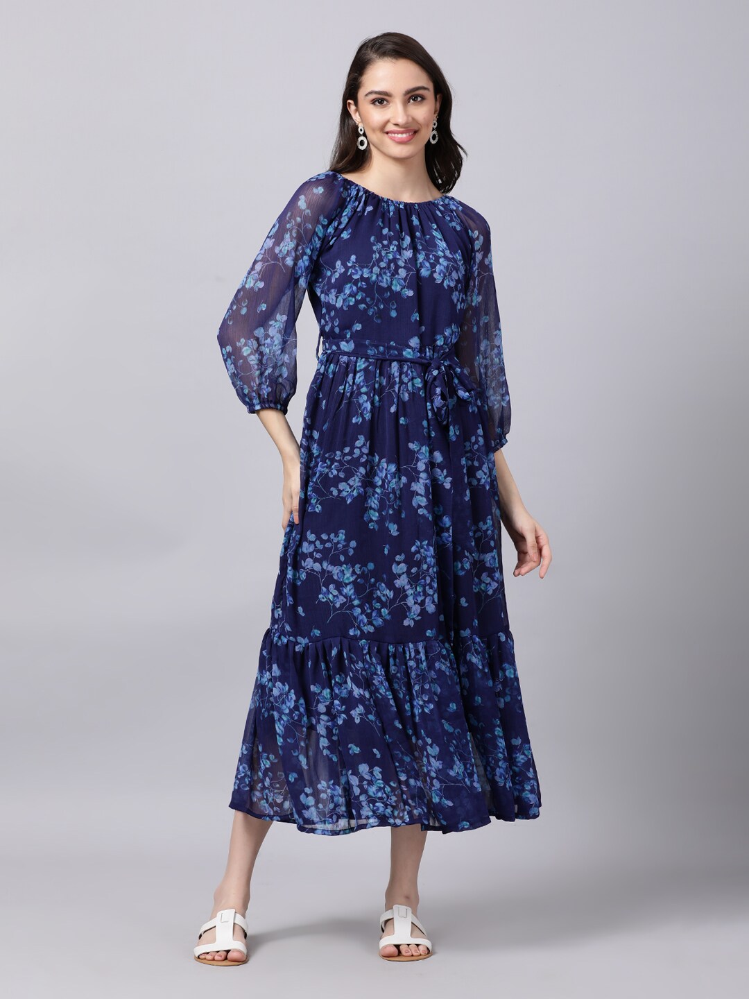 Souchii Navy Blue Floral Layered Chiffon A-Line Midi Dress | Grocsy
