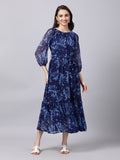Souchii Navy Blue Floral Layered Chiffon A-Line Midi Dress | Grocsy