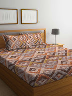 BOMBAY DYEING Epigram Brown & Yellow Ethnic Cotton 120 TC Queen Bedsheet & Pillow Covers | Grocsy