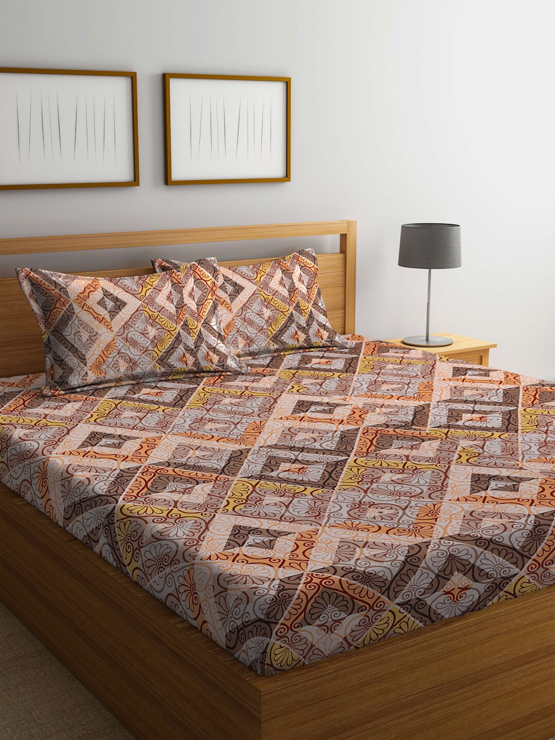 BOMBAY DYEING Epigram Brown & Yellow Ethnic Cotton 120 TC Queen Bedsheet & Pillow Covers | Grocsy