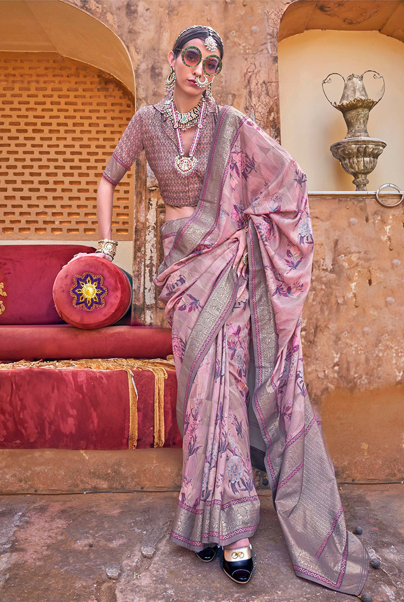 Monjolika Fashion Pink Floral Print Silk Blend Saree | Grocsy