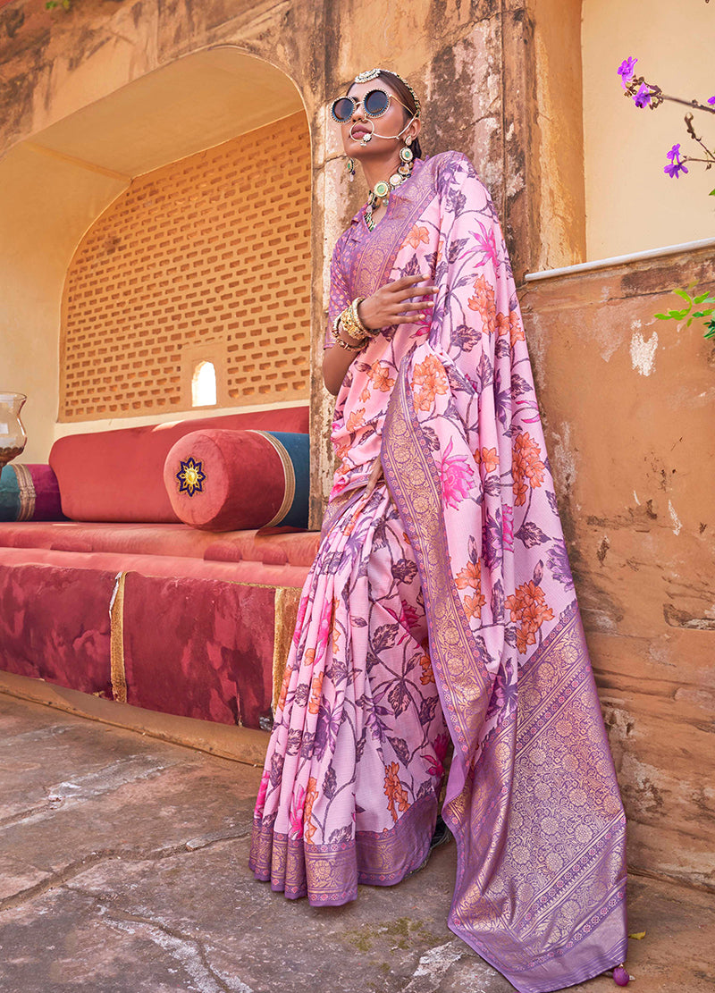 Monjolika Fashion Pink Floral Print Silk Blend Saree | Grocsy