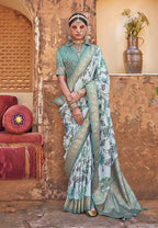 Monjolika Fashion Irish Mint Floral Print Silk Blend Saree | Grocsy