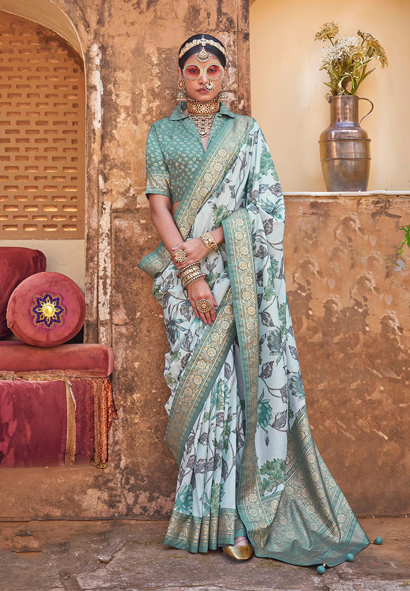 Monjolika Fashion Irish Mint Floral Print Silk Blend Saree | Grocsy