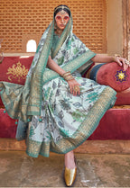 Monjolika Fashion Irish Mint Floral Print Silk Blend Saree | Grocsy